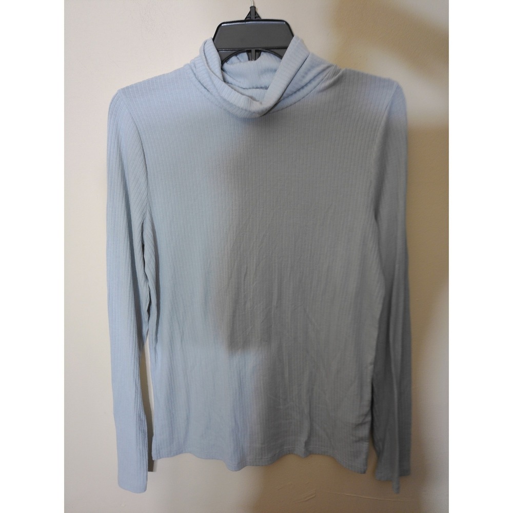 Madewell Turtleneck Top Women Large Blue Ribbed Knit Long Sleeve Coastal Minimal
